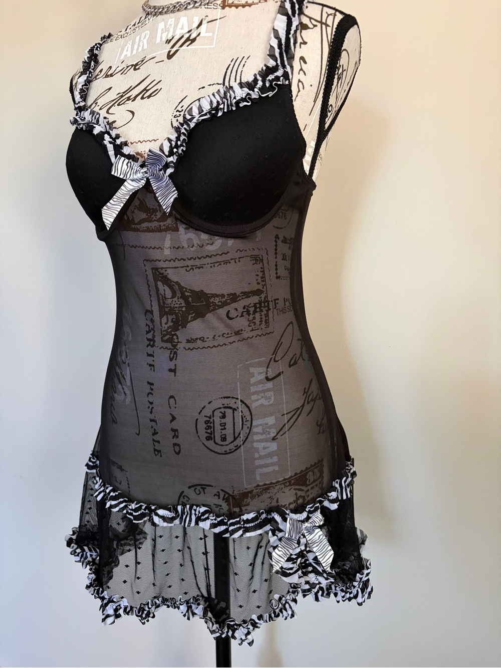 Y2K Vintage Black Sheer Chemise Zebra Trim Lingerie Whimsigoth 2000s - Picture 2 of 9